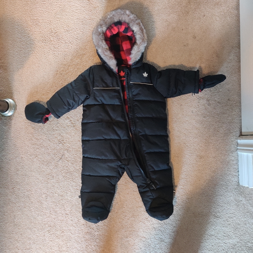 Baby Black Puffer Footed One-Piece Snowsuit with Red Plaid Lining